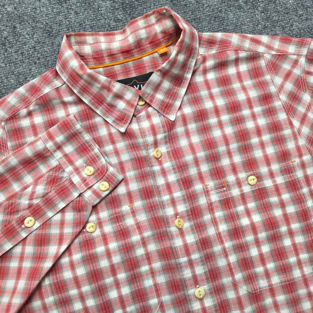 Orvis Men's Large Red Gray Plaid Long Sleeve Button Down Fishing Shirt Stretch